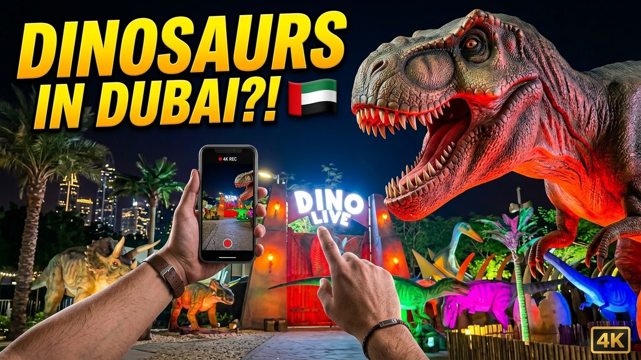 4K Walking Tour Dubai Dinosaur Park | Illuminated Dinosaur Exhibits