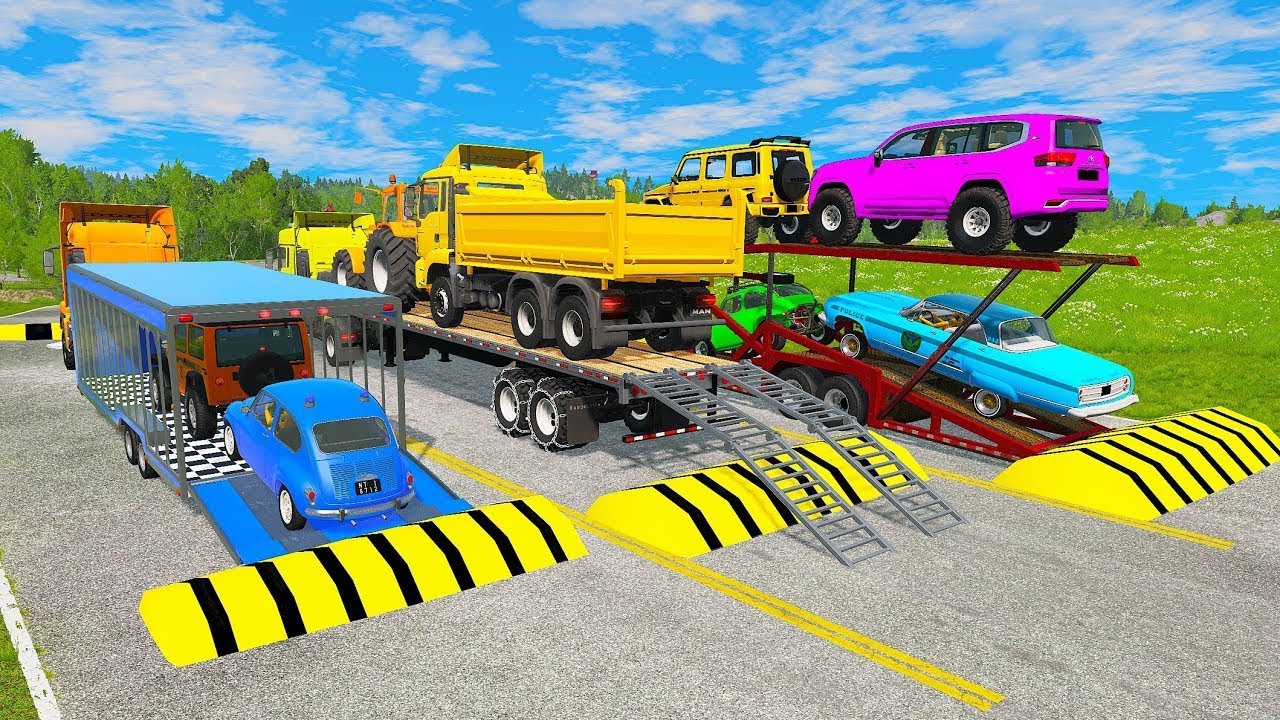 TRANSPORTING PIXAR CARS & FRUITS WITH COLORED & JOHN DEERE vs CLAAS vs TRACTORS - BeamNG.drive