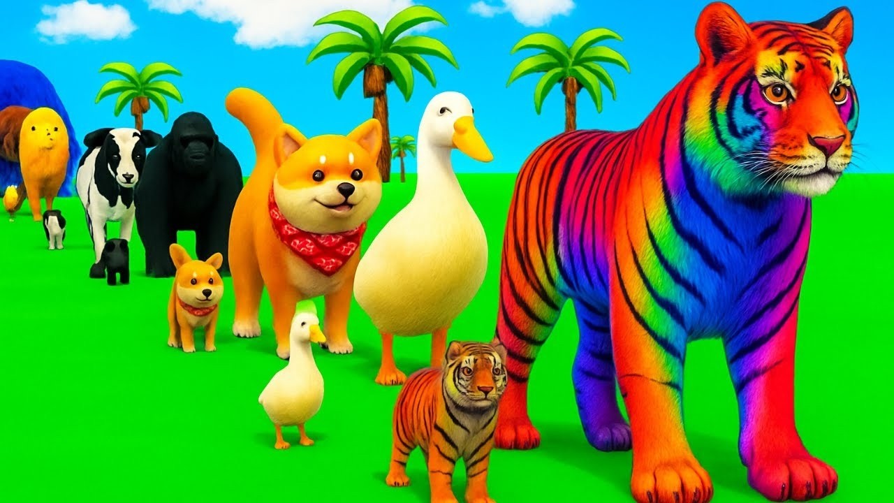Long Slide Game With Cow Elephant Gorilla Hippopotamus Tiger - 3d Animal Game - Funny 3d Animals