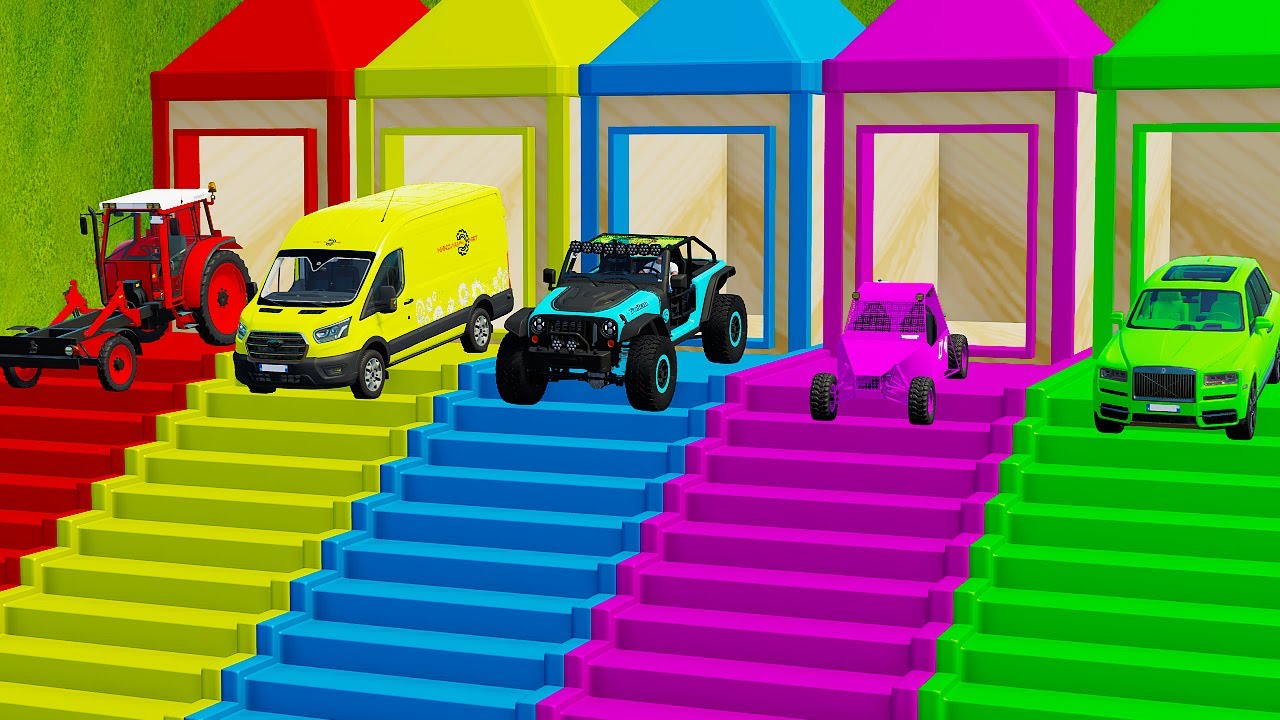 TRANSPORTING FIVE COLOR CARS BRABUS, TERRADYNE, VOLVO, MAHINDRA, VOLKSWAGEN - Farming Simulator 22