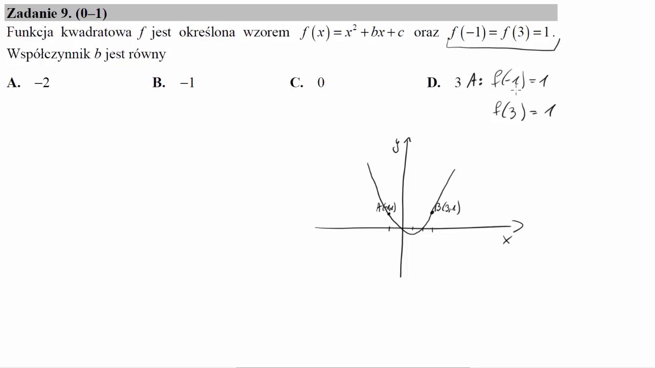 Funkcja kwadratowa f jest określona wzorem fx=x2+bx+c oraz f&minus;1=f3=1  Wsp&oacute;łczynnik b jest r&oacute;wny