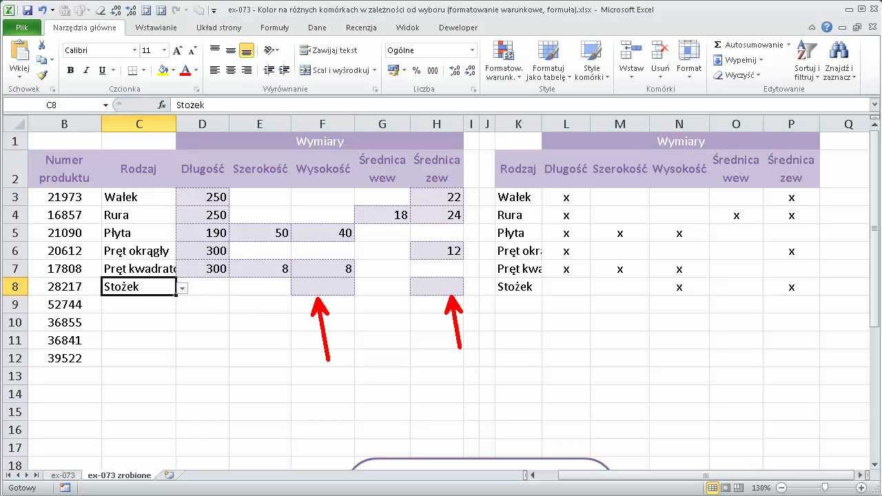 excel-073 - Kolor na komórkach w zależności od wyboru (formatowanie warunkowe, formuła)
