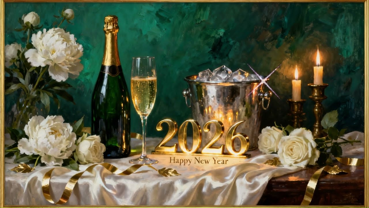 Happy New Year 2026 Frame TV Art, Champagne Candlelight Luxury New Year Eve, Party TV Background 4K