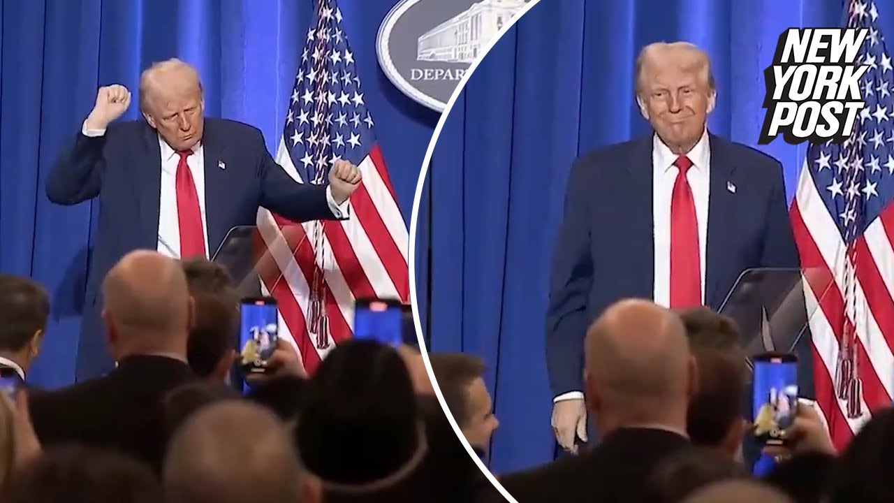 President Trump breaks out iconic dance move after DOJ speech