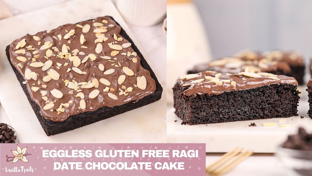Eggless & Gluten Free Ragi Date Almond Chocolate Cake! with Healthy Chocolate frosting. No sugars.