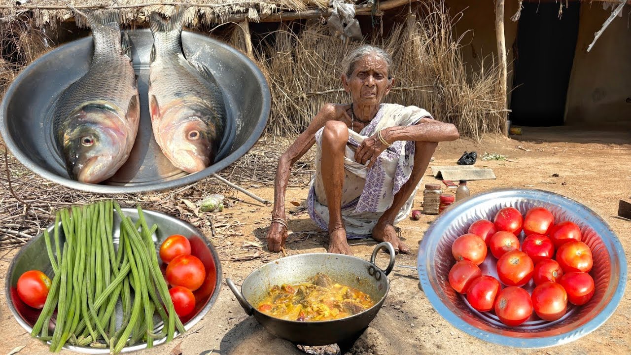 100 year old poor grandma cooking Katla Fish with Suti & Tomato recipe and eating||Village Kitchen 