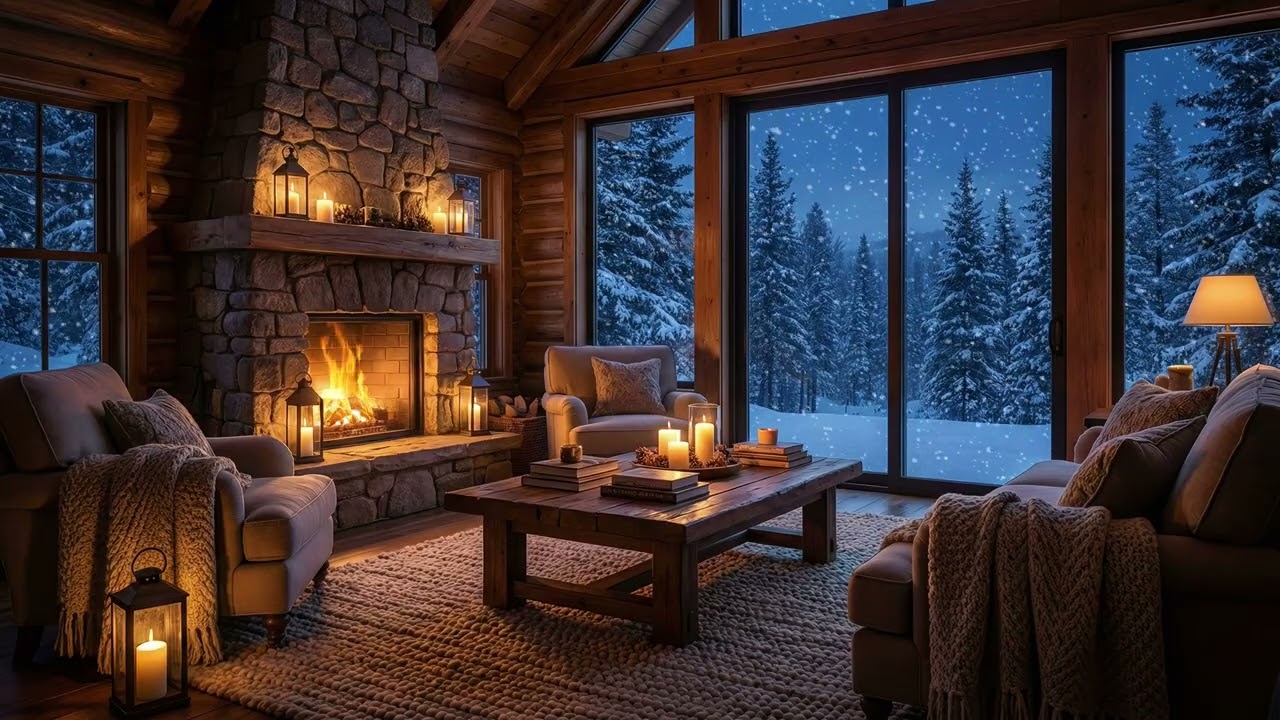 Gentle Snowfall in Cozy Mountain Cabin ❄️ Fireplace Sounds for Deep Sleep & Relaxation