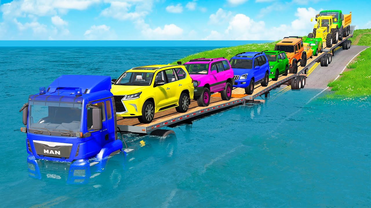 Triple Flatbed Trailer McQueen Transportation with Truck - Speedbumps vs Cars vs Train - BeamNG #15