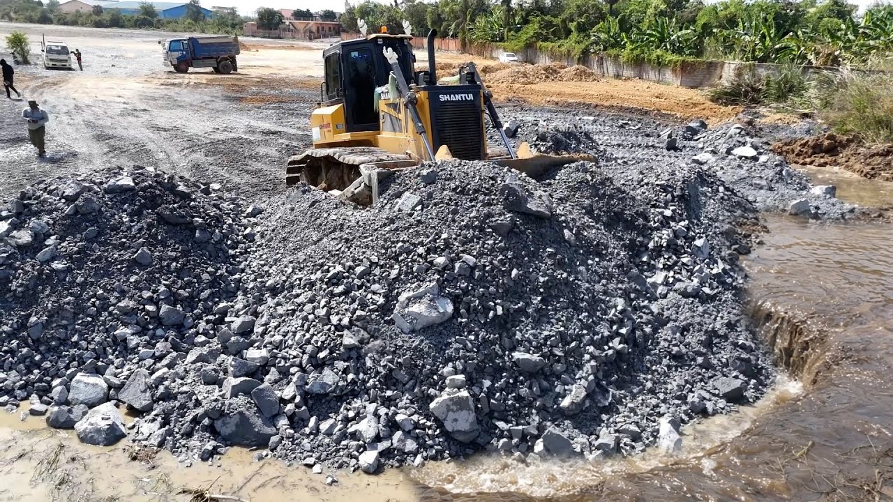 Unbelievable Land Transformation Large Project -Bulldozer Push Stone Into Water Leveling Top Ground