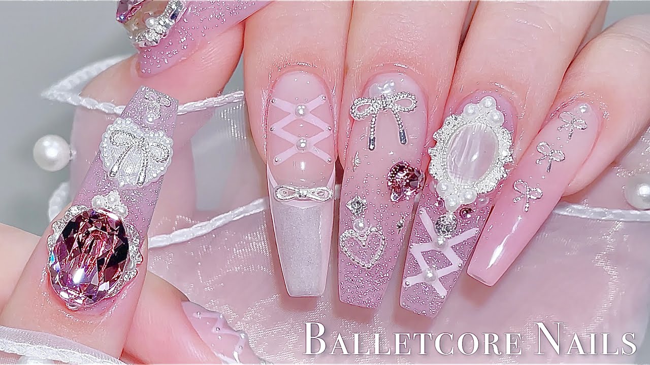 sub) Balletcore Nails🎀/🇰🇷Корейский маникюр / Ногти со светоотражающим блеском / нейл-арт / ASMR