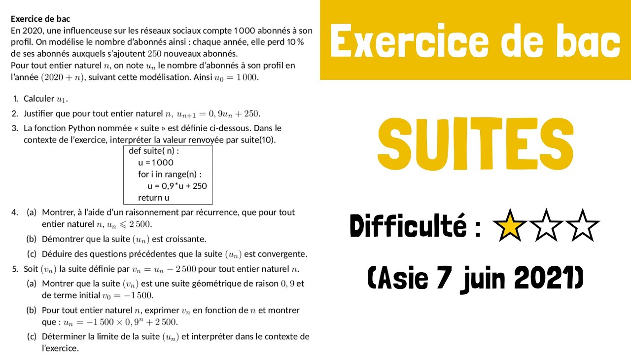 Exercice de bac : Suites (Asie 7 Juin 2021 Sujet 1)