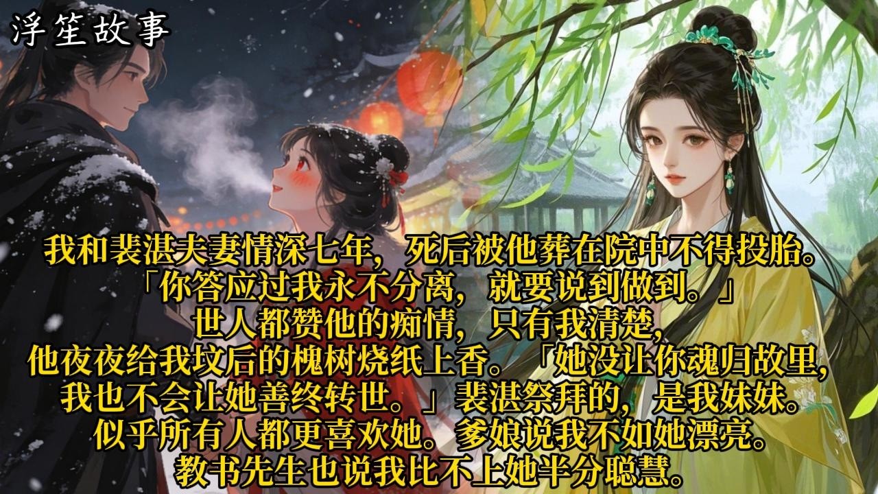 我和裴湛夫妻情深七年，死后被他葬在院中不得投胎。「你答应过我永不分离，就要说到做到。」世人都赞他的痴情，只有我清楚，他夜夜给我坟后的槐树烧纸#重生 #大女主 #复仇 #宫廷 #夺权 #古风 #小说