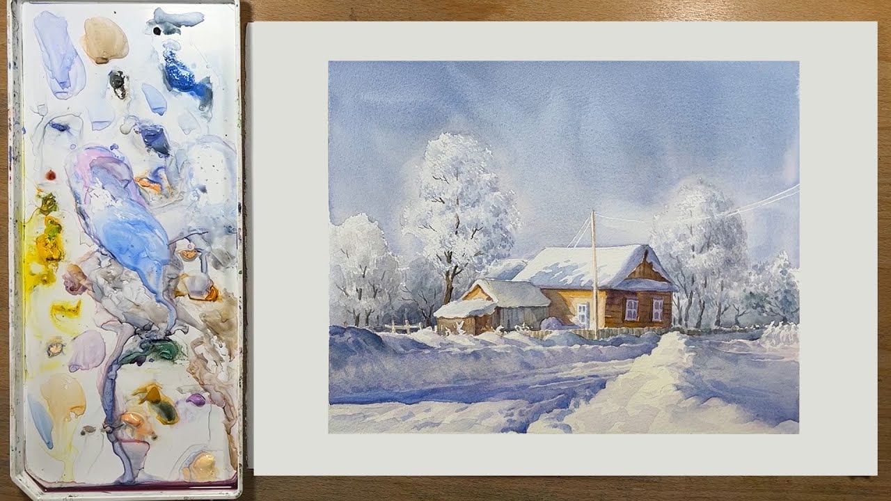 Simple landscape watercolor painting &ndash; Snowy House