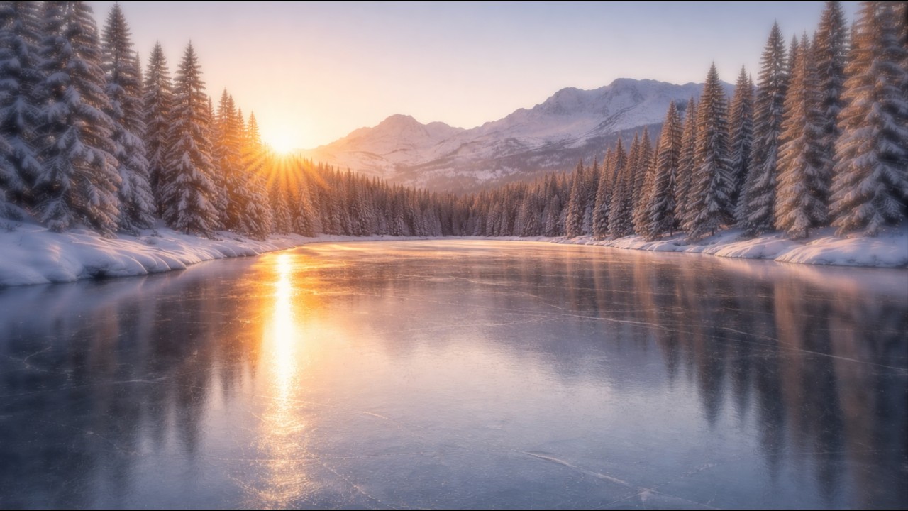 Frozen Nordic Lake at Sunrise | Light Snowfall & Calm Winter Ambience | 1 Hour