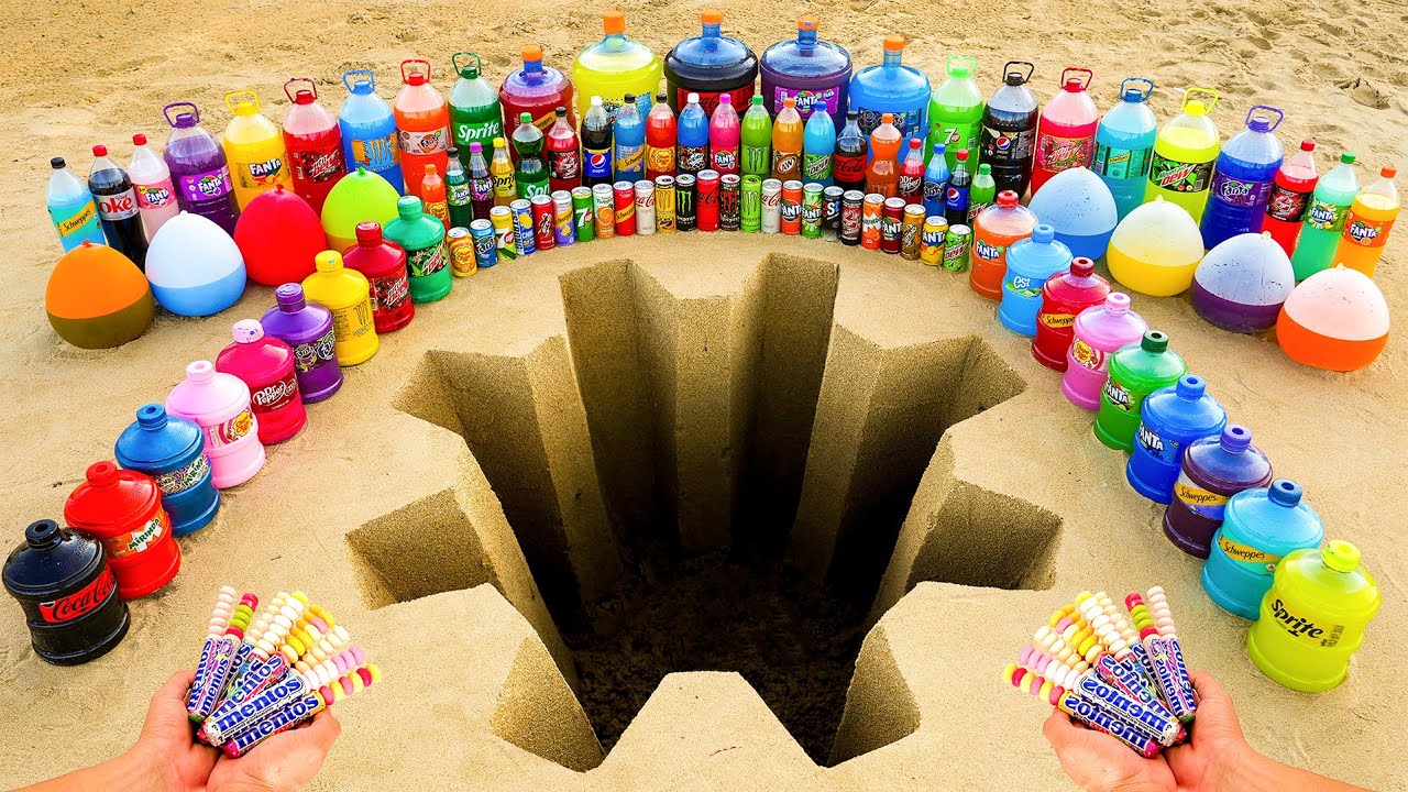 Big Toothpaste Eruption from Gear pit, Giant Fanta, Mtn Dew, Schweppes, Sprite, Coca Cola vs Mentos