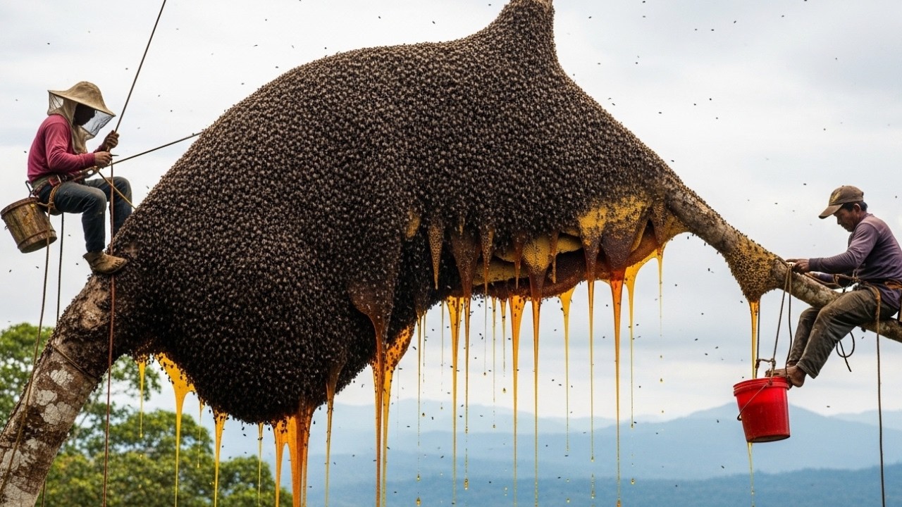 Wild Honey Harvest on a 200-Meter Tree Without Rope or Gear