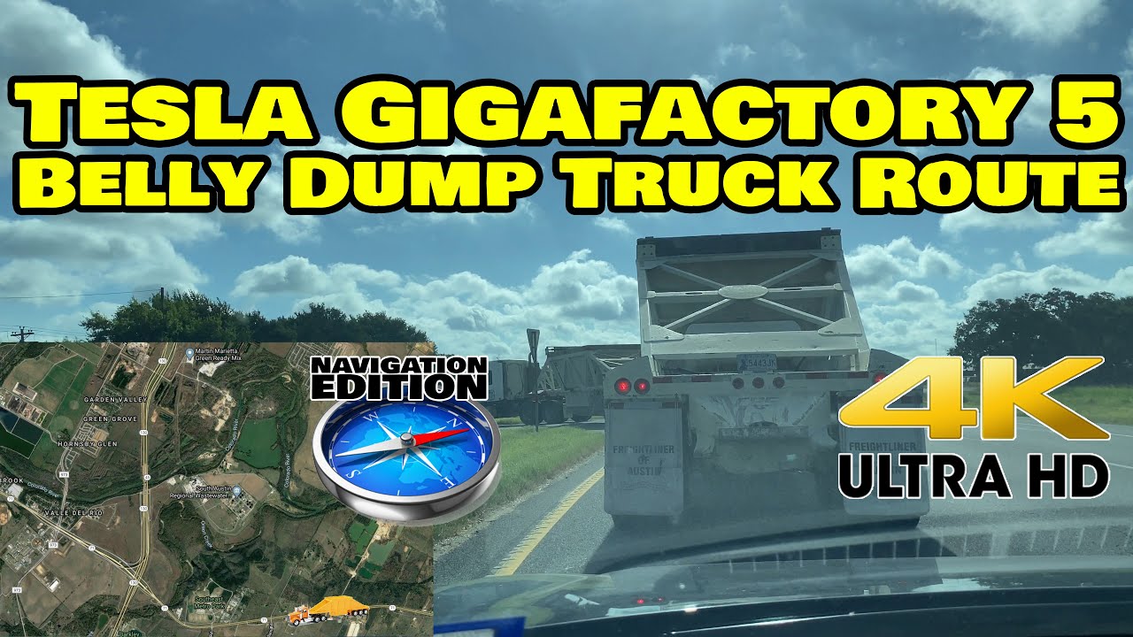 Tesla Gigafactory Austin 4K - Belly Dump Truck Route from Martin Marietta to Martin Marietta & back!