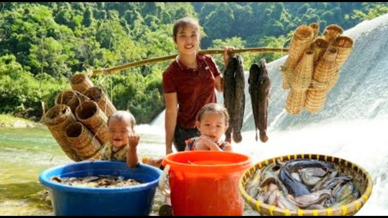 Single mother catches fish, traditional fish traps and brings them to themarket tosell with her baby