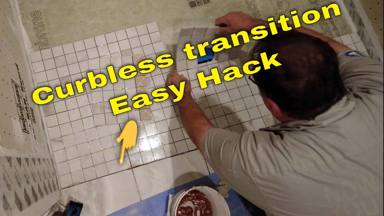 Curbless shower Transition, EASY. Mosaic tile hack.