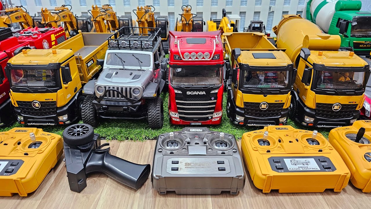 Rc truck konstruksi, rc truck trailer huina 1501, truk molen 1574, dump truck, excavator