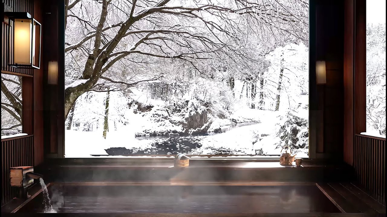 Japanese Onsen In the Snow w Water Sounds For Sleep, Study, Relaxing, Zen | ASMR