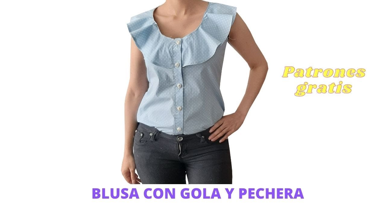 BLUSA CON GOLA y PECHERA al frente/Patrones gratis/Paso a paso/Corte y confección