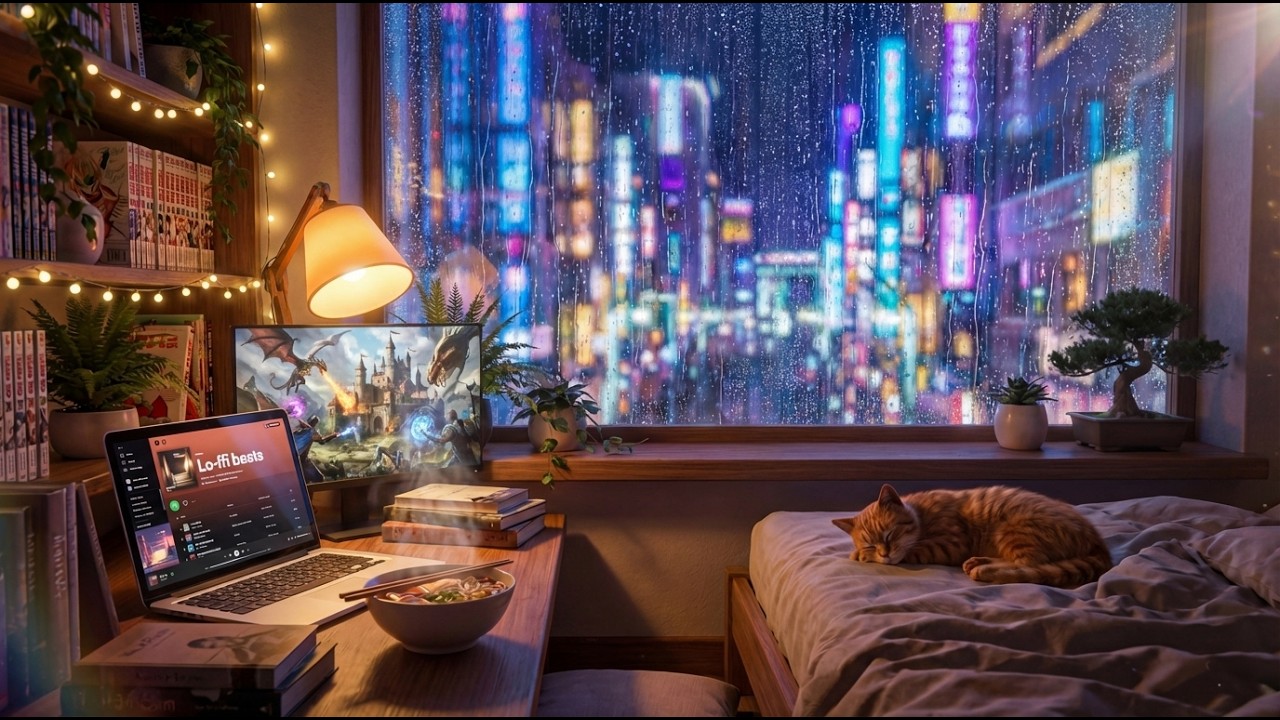 Cozy Rainy City Bedroom 🌧️✨ | Sleeping Cat & Neon Night Ambience 4K | 2 Hours