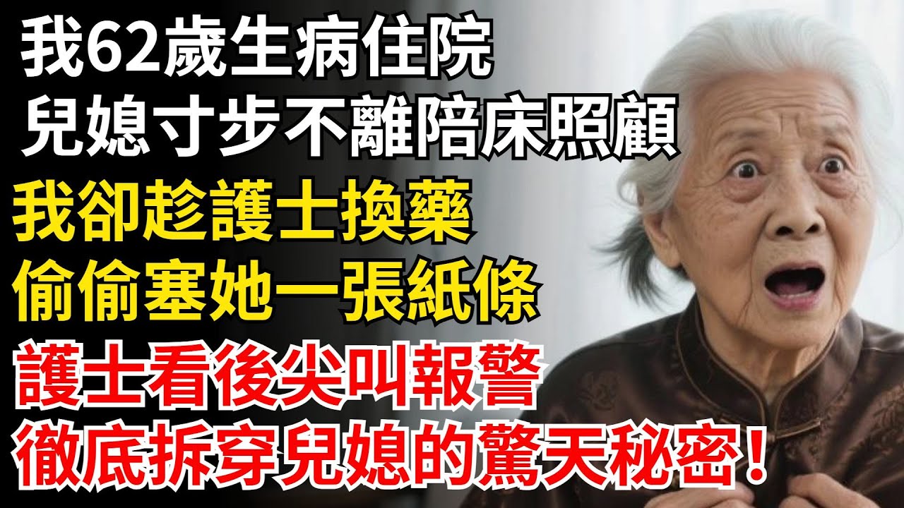 我62歲生病住院，兒媳寸步不離陪床照顧，我卻趁護士換藥，偷偷塞她一張紙條，護士看後尖叫報警，我徹底拆穿兒媳的驚天秘密！#晚年生活#中老年生活#為人處世#生活經驗#情感故事#幸福人生