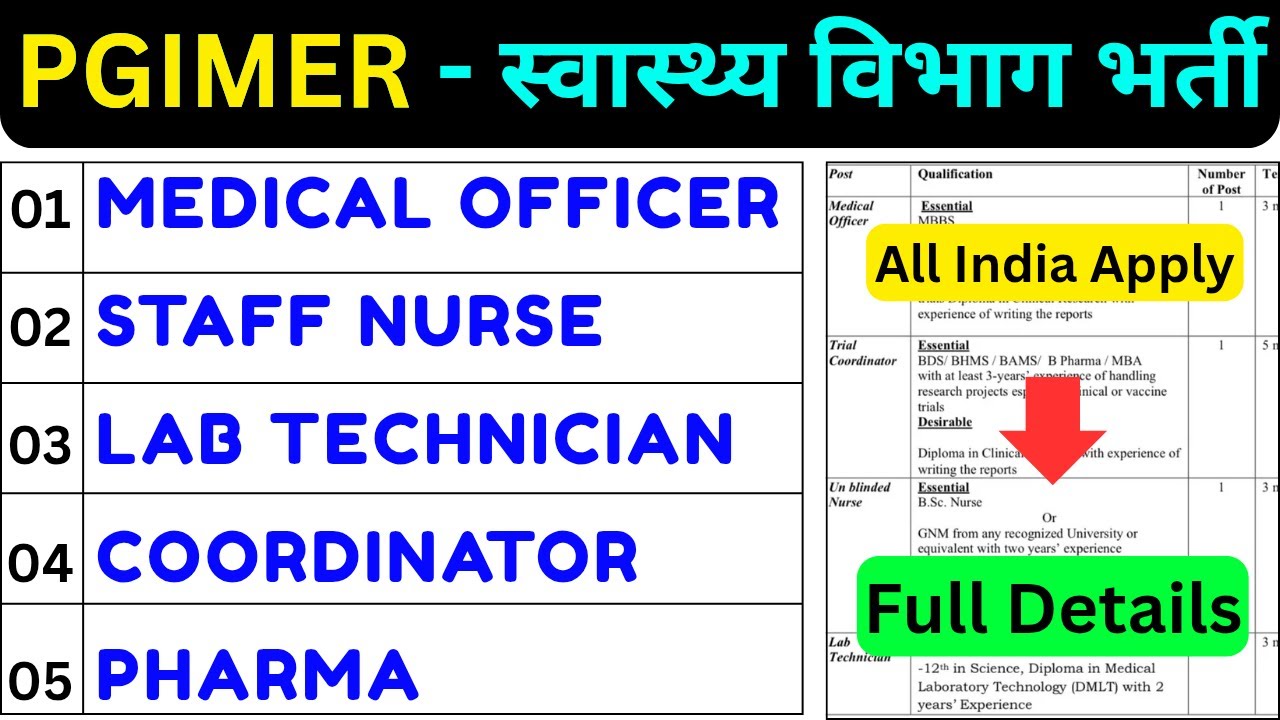 PGIMER VACANCY 2025 - STAFF NURSE, LAB TECHNUCIAN, PHARMACIST, MEDICAL OFFICER, COORDINATOR, JOBS