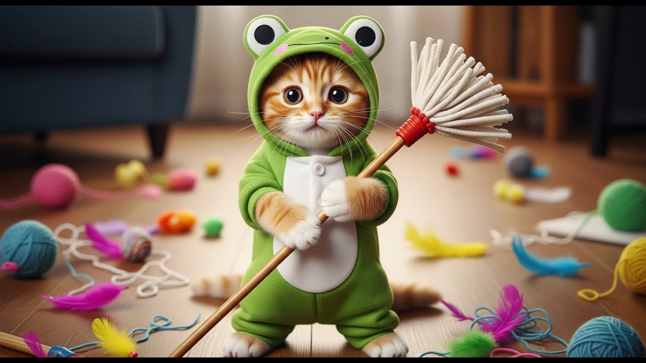 a mischievous ginger cat gets caught cleaning up after playing with her friends funny