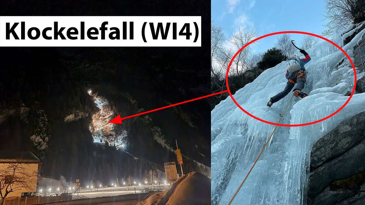 Nachts beleuchteter Eisfall - Eisklettern Pitztal - Klockelefall (WI4) - feat. @AlpineFex