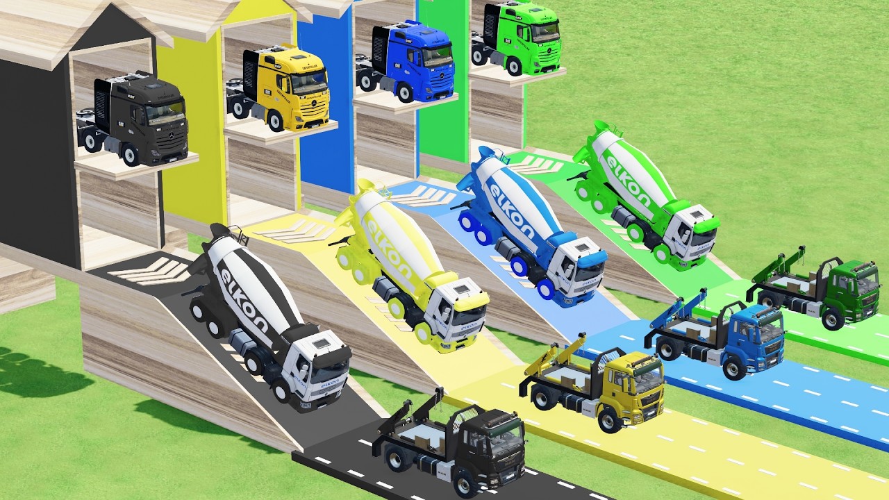 Garage with Colors - ALL MIXER TRUCK WITH DOUBLE FLATBED TRAILER TRUCK DAFF, TRUCK MONSTER