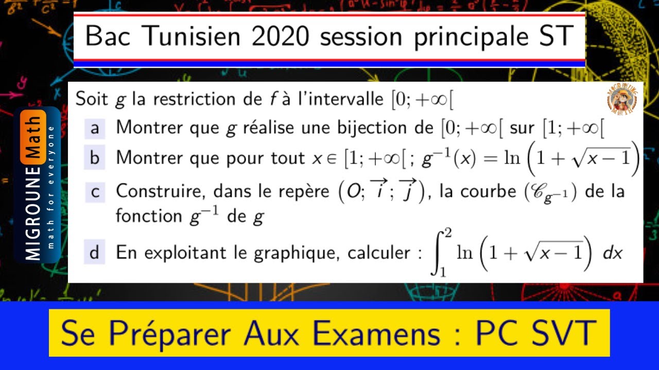 Calcul des aires, Fonction réciproque — Bac Tunisien 2020 session principale ST — 2 BAC PC/SVT