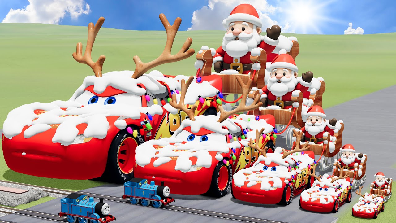 Big & Small Santa Claus Christmas Lightning Mcqueen vs Train Thomas | BeamNG.Drive