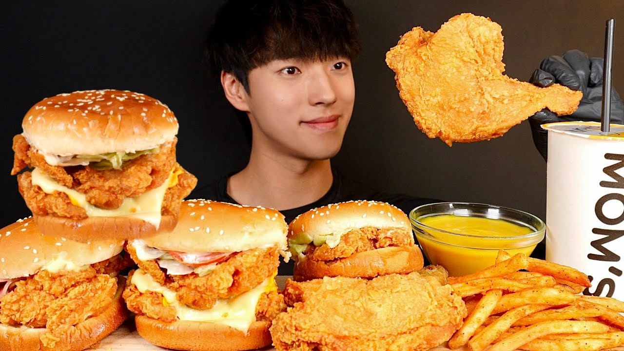 맘스터치 싸이플렉스 버거, 딥 치즈 버거, 화이트 갈릭 버거, 통다리 치킨 먹방 CHICKEN & CHICKEN SANDWICH MUKBANG ASMR EATING SOUNDS