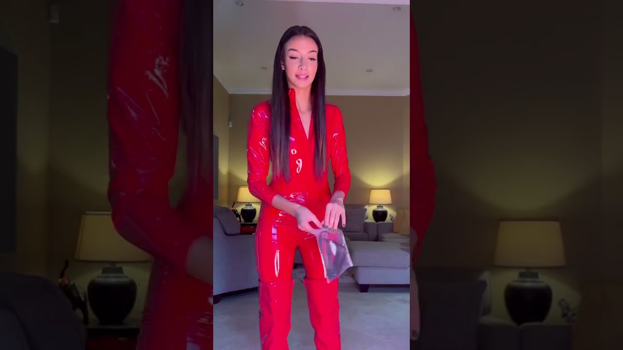 Trying on Latex Red Leather Suit & High Heel Boots 😳