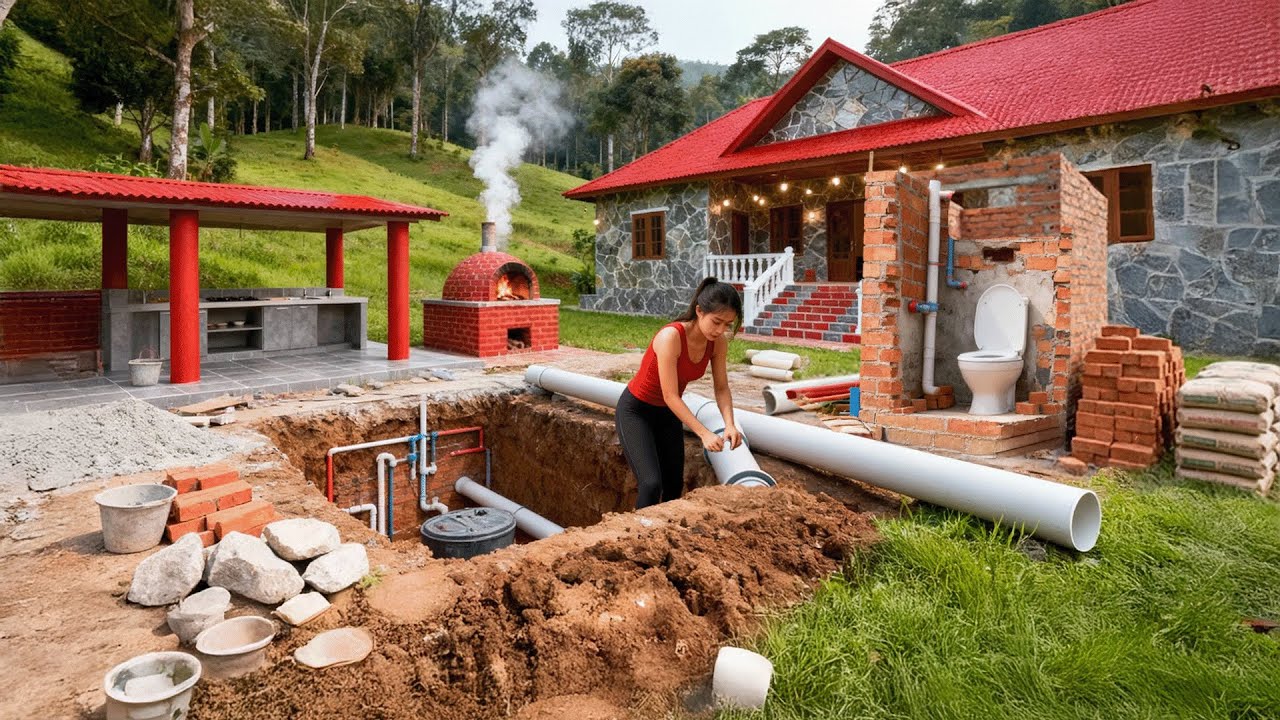 TIMELAPSE – Amazing DIY: Talented woman builds her own BATHROOM by the lake in 68 days