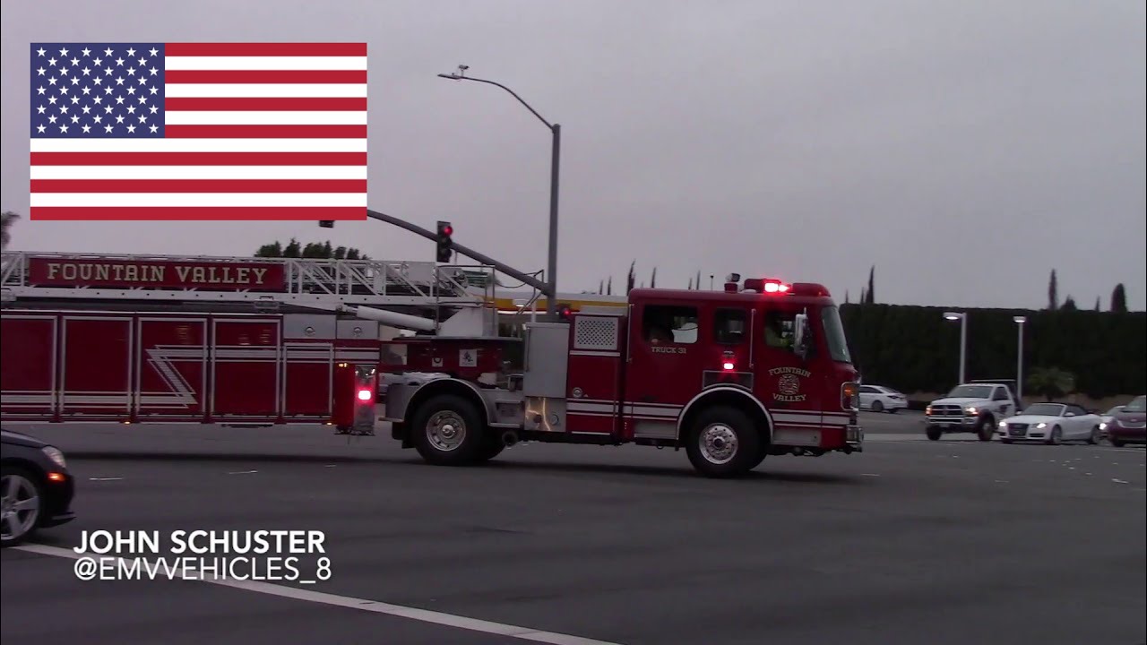 *MASSIVE AIR HORN AND SCREAMING Q* Fountain Valley Fire Truck 31 and Battalion 3 Responding