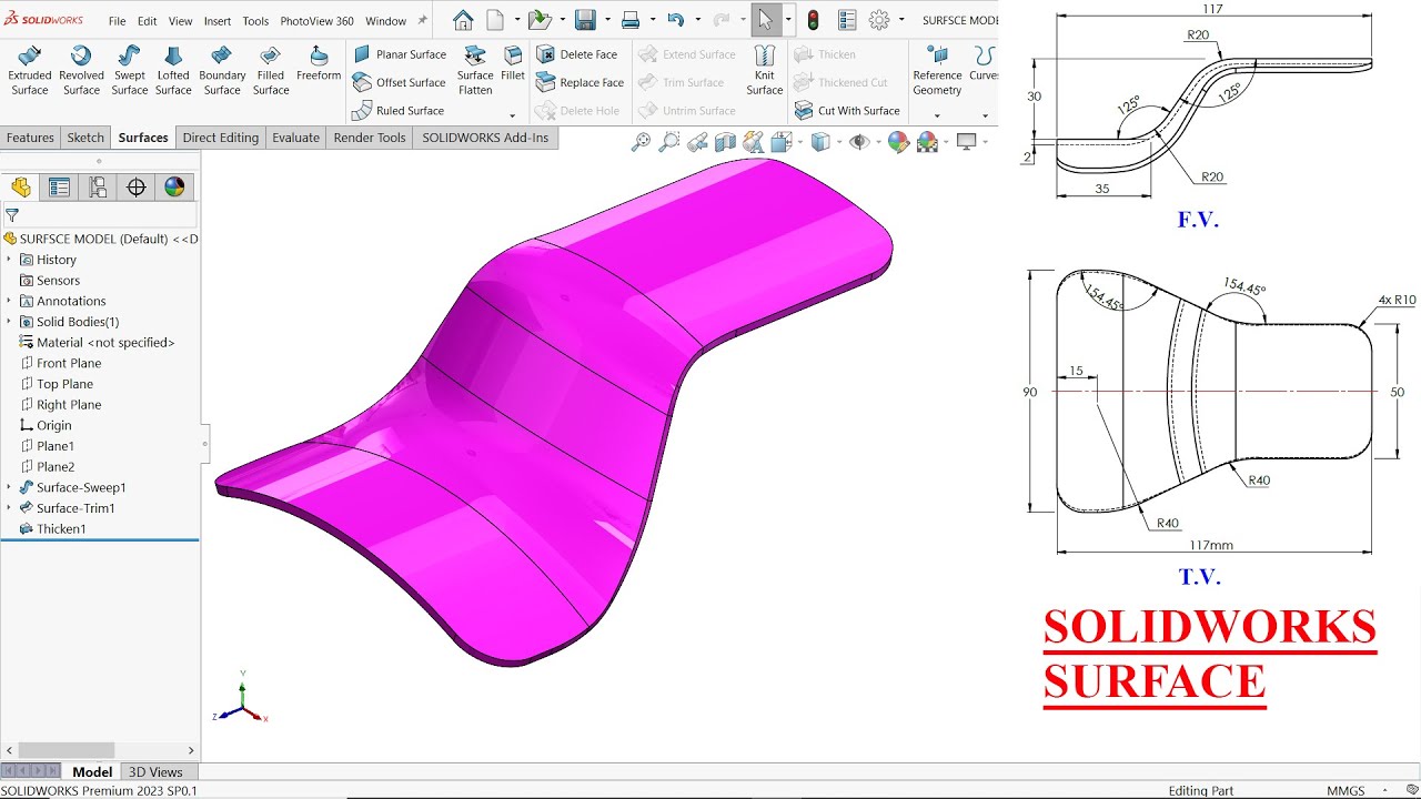 SolidWorks Surface Tutorial Swept Surface, Trim Surface and Thicken
