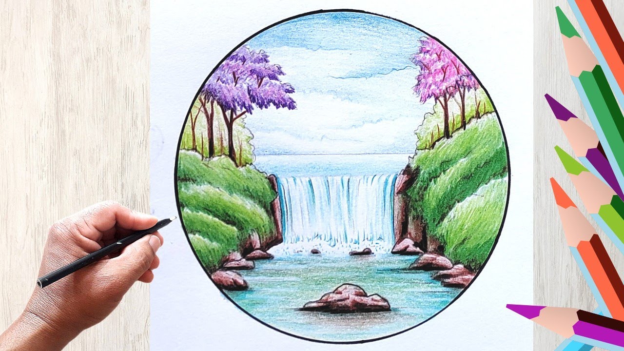 Como Desenhar uma Cachoeira e pintar com Lápis de cores fácil e bonito