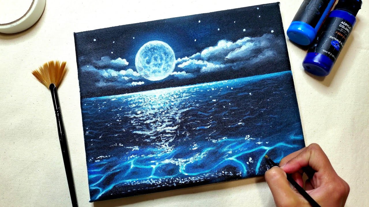 How to Paint a Full Moon Ocean Scenery | Acrylic Painting Tutorial for Beginners | Seascape Art