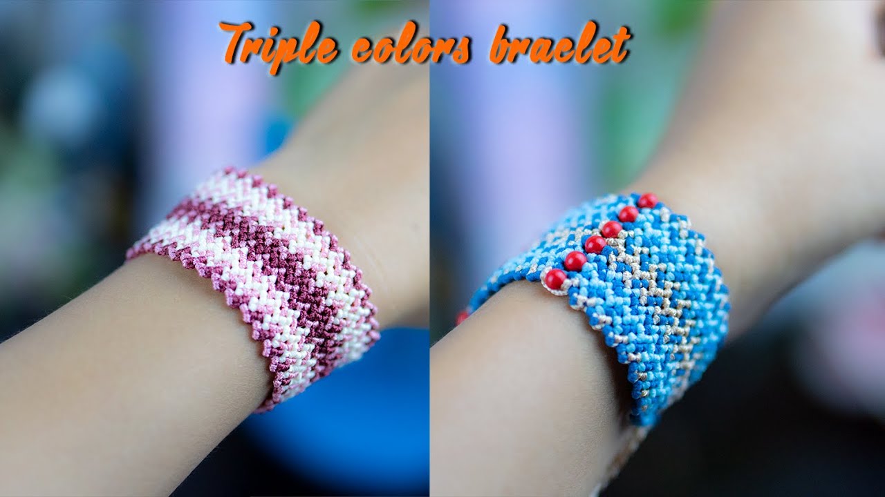 Macrame tutorial: Boho style bracelet | wide blue and red burgundy design | inca trail rice knot
