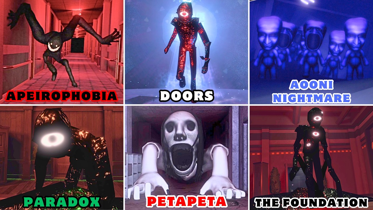 DOORS Seek Chase VS Apeirophobia VS PETAPETA VS AOONI Nightmare VS PARADOX VS Different Roblox Chase