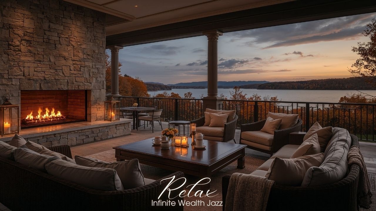 Lakeside Sunset Jazz 24/7 🔥🌅 | Fireplace Terrace Lounge | Smooth Evening Jazz for Relaxation & Focus