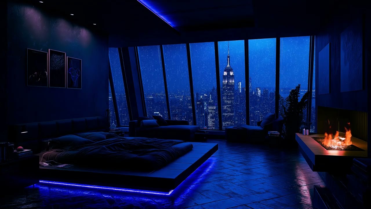 🌩️ Cozy Stormy Night in a Modern City Bedroom | Relaxing Piano & Fireplace Sounds for Stress Relief