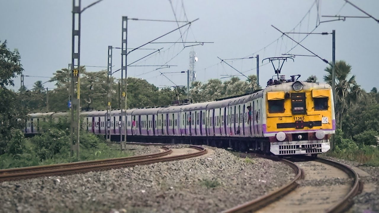 [5 in 1] Non-stop vintage EMU local trains passing huge curvy rail track