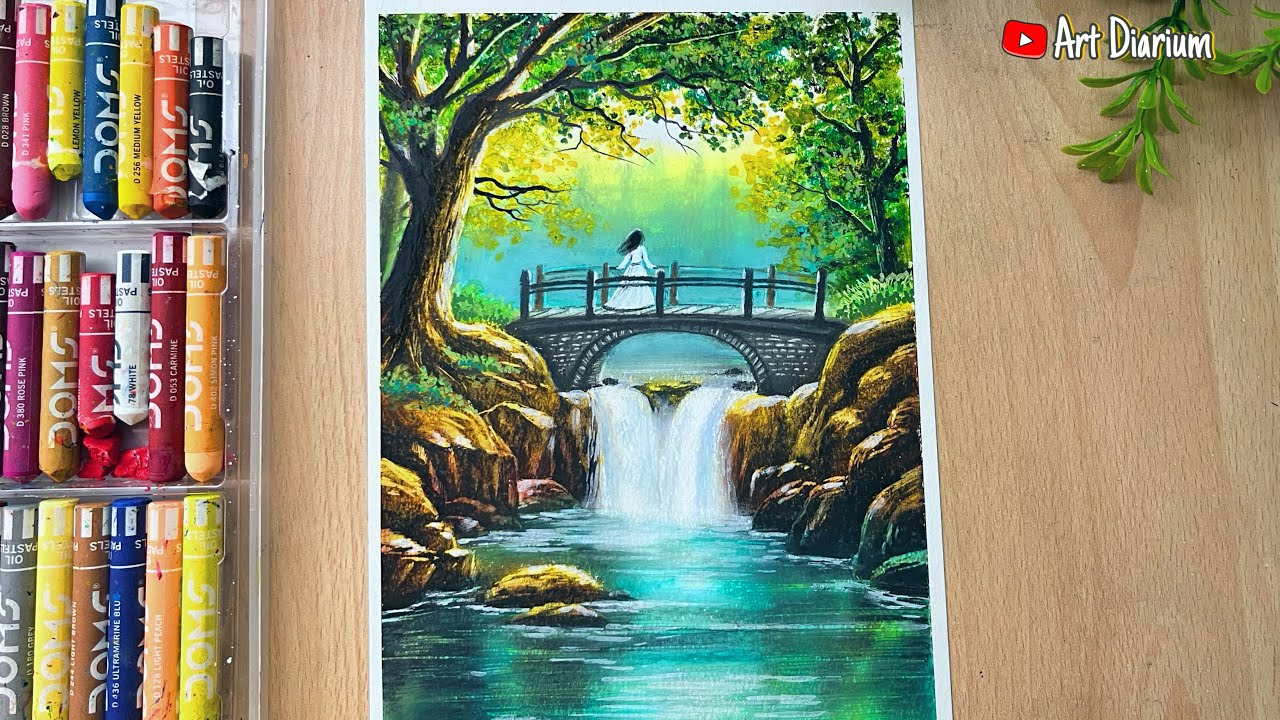 Waterfall Bridge Drawing with Oil Pastels ✨||Nature Scenery Tutorial