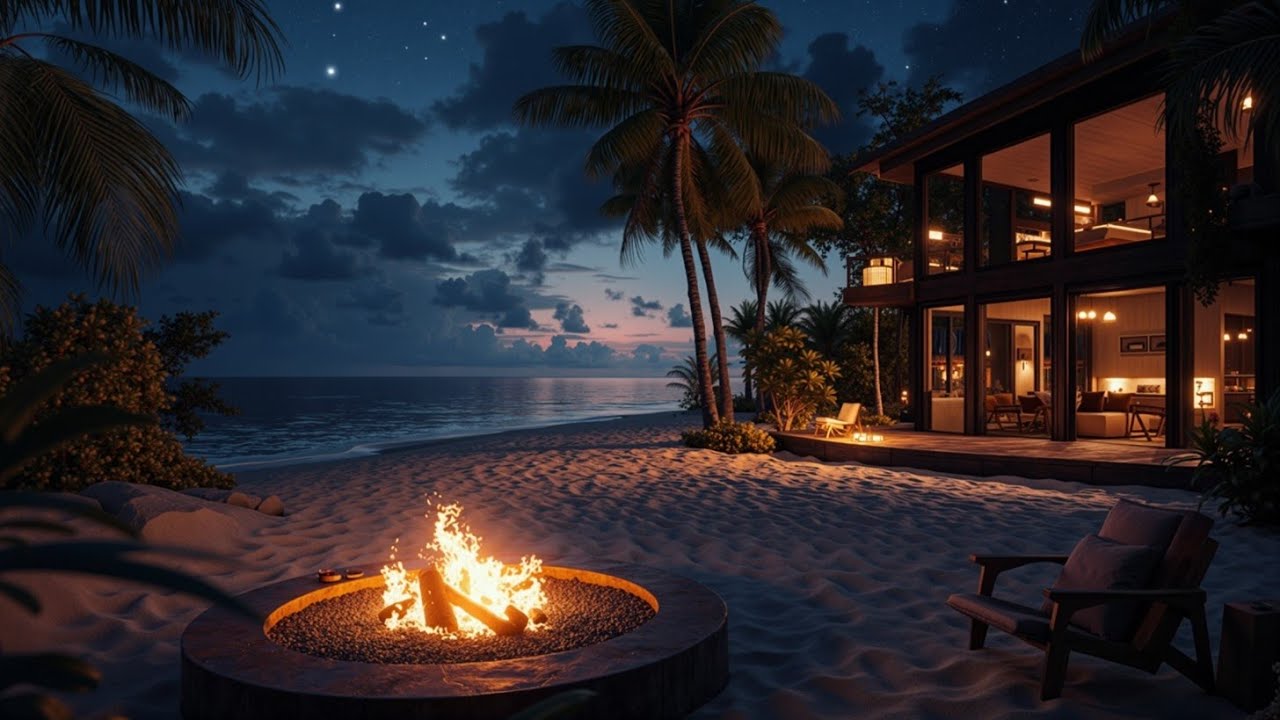 ASMR Beach Bliss: Ocean Waves, Crackling Fire & Relaxing Night Music for Sleep