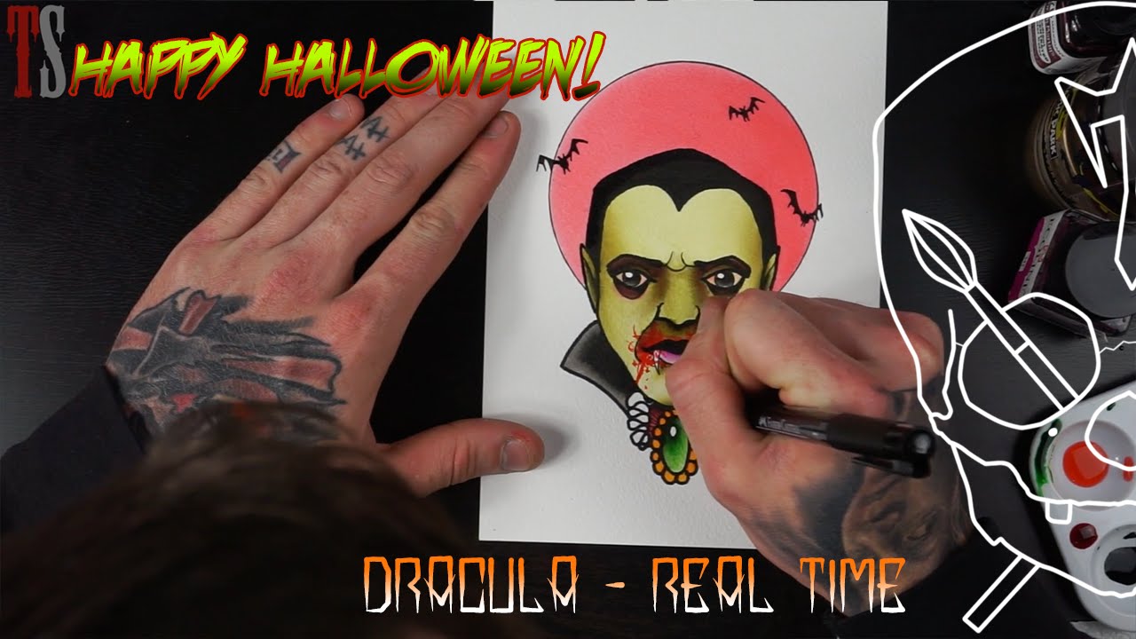 Dracula Paint and Draw Halloween! Tattoo Flash watercolour Ink Ilustration