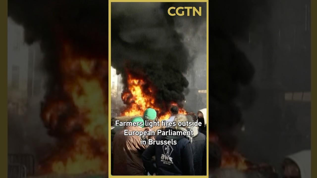 Farmers light fires outside European Parliament in Brussels
